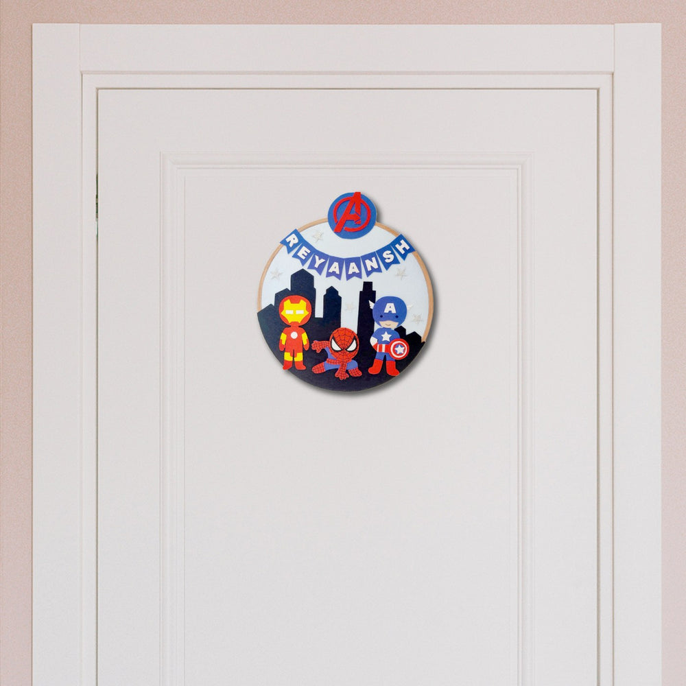Handcrafted Personalized Superhero Hoop Nameplate - Hanging on Door Front Center