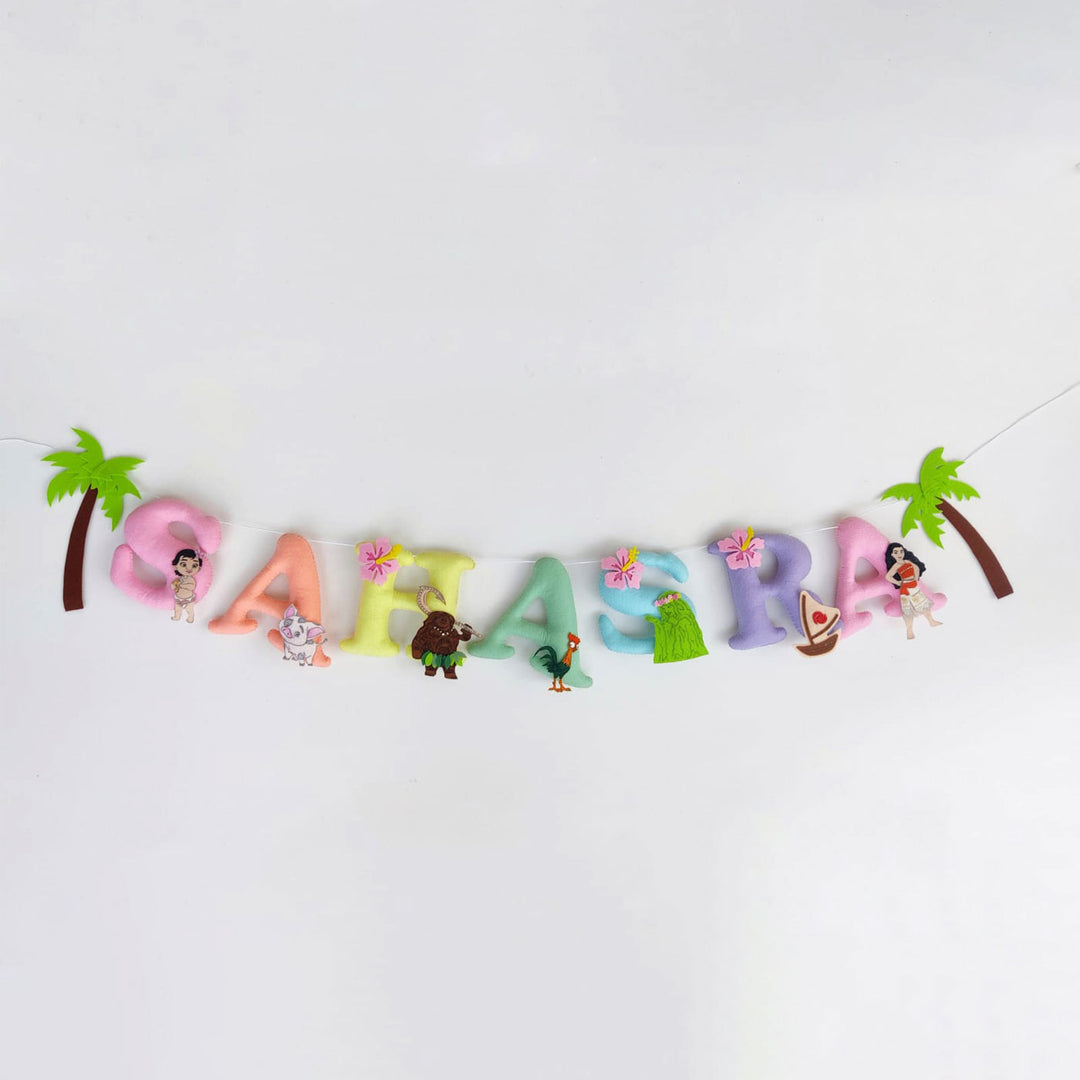Handcrafted Personalized Moana Theme Felt Bunting - Front View of Hanging Letter Garland