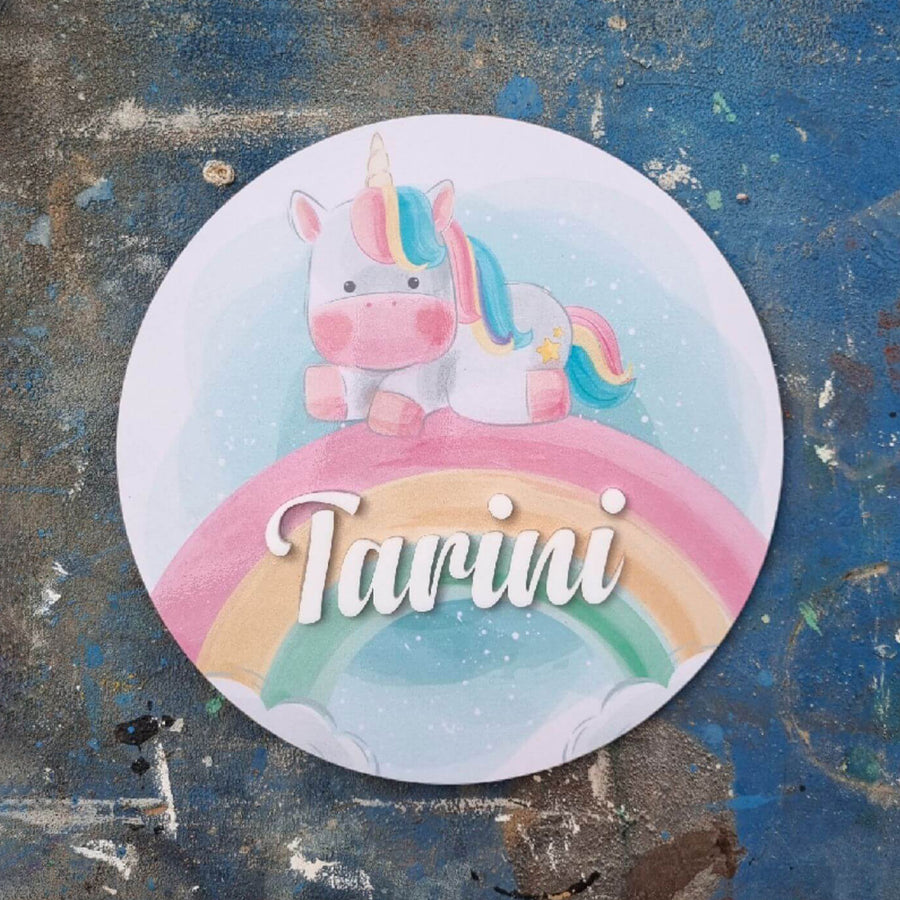 Personalized Unicorn Printed Kids Name Plate With 3D Letters - Flat Lay Showing Name Personalization
