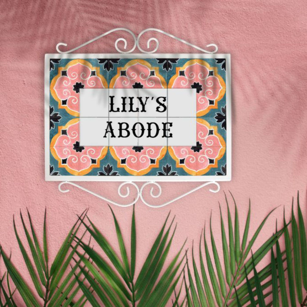 Handpainted Metal Frame Mosaic Style Nameplate 3 - Hanging on Pink Wall Background