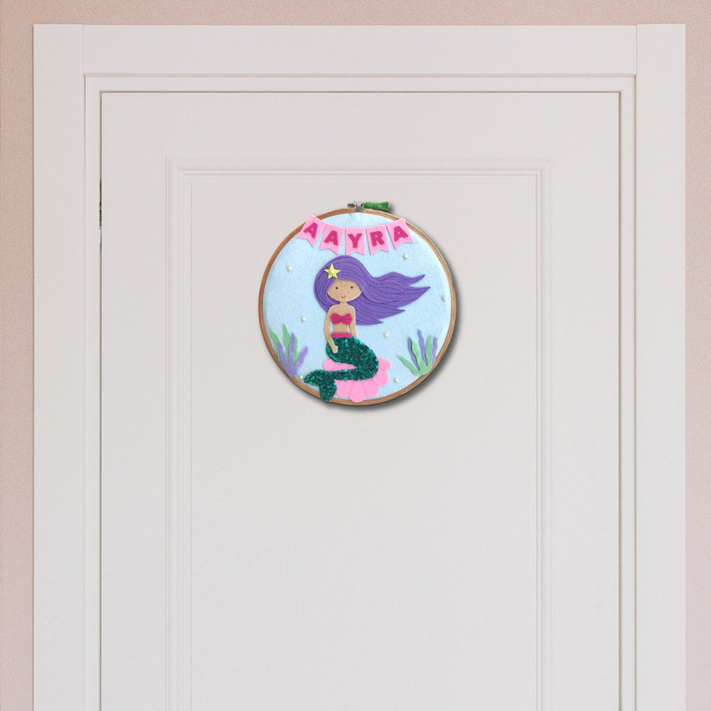 Handcrafted Personalized Mermaid Hoop Nameplate - Hanging on Door Front View