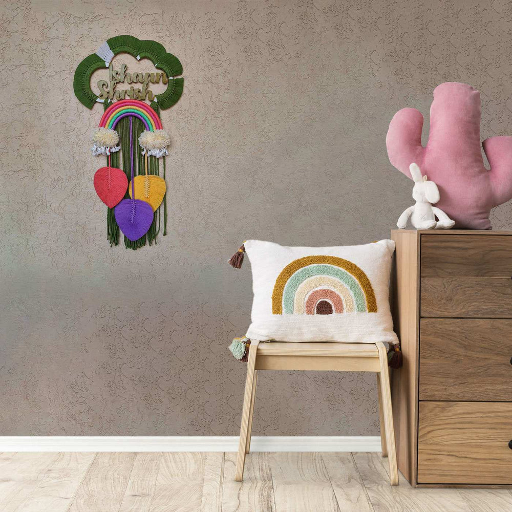 Macrame Cloud Personalized Kids Name Plate - Mounted on Wall in Room Setting