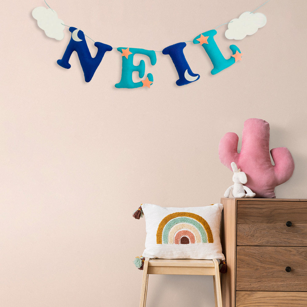 Handcrafted Personalized Sky Star Theme Felt Bunting - Hanging Name Banner on Wall