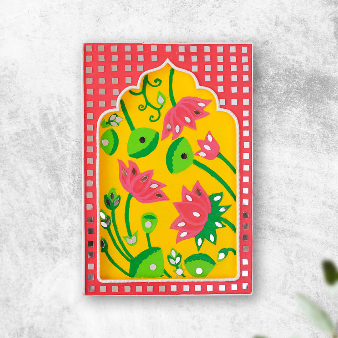 Handcrafted Pink & Yellow Frame - Lotus Traditional Lippan Art Jharokha Wall Art