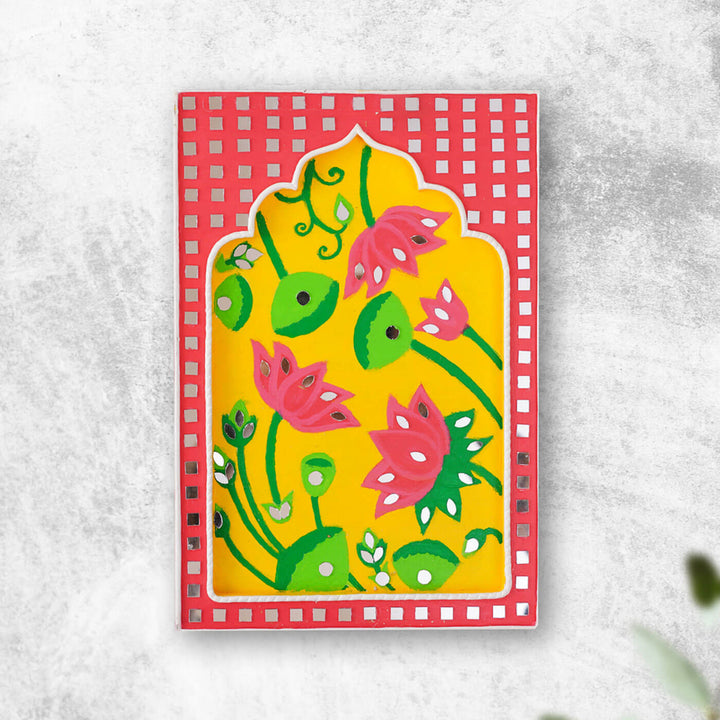 Handcrafted Pink & Yellow Frame - Lotus Traditional Lippan Art Jharokha Wall Art