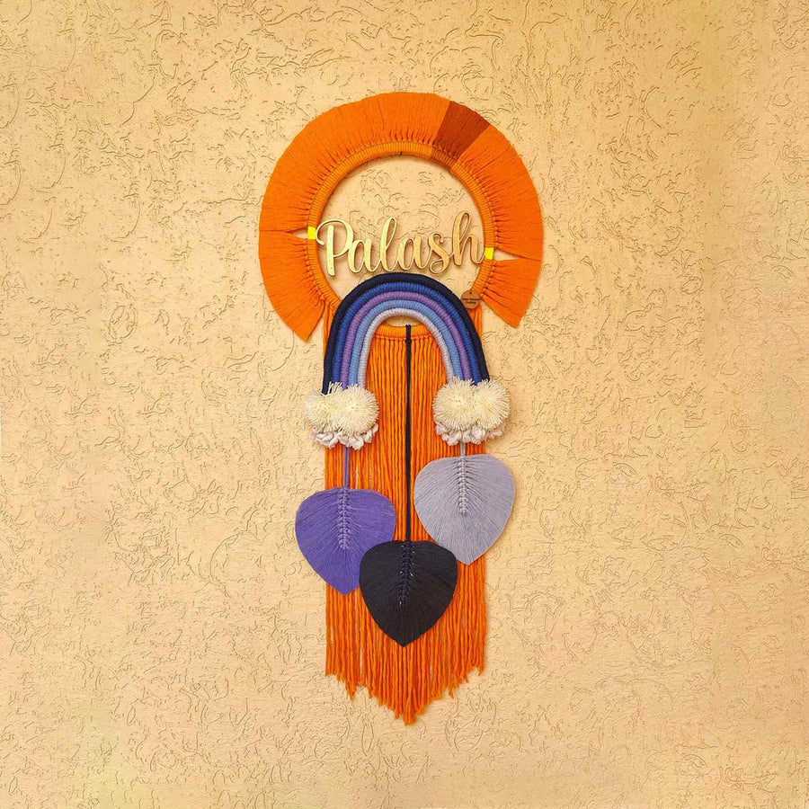 Macrame Cloud Leaf Personalized Kids Name Plate - Mounted on Textured Wall with Name