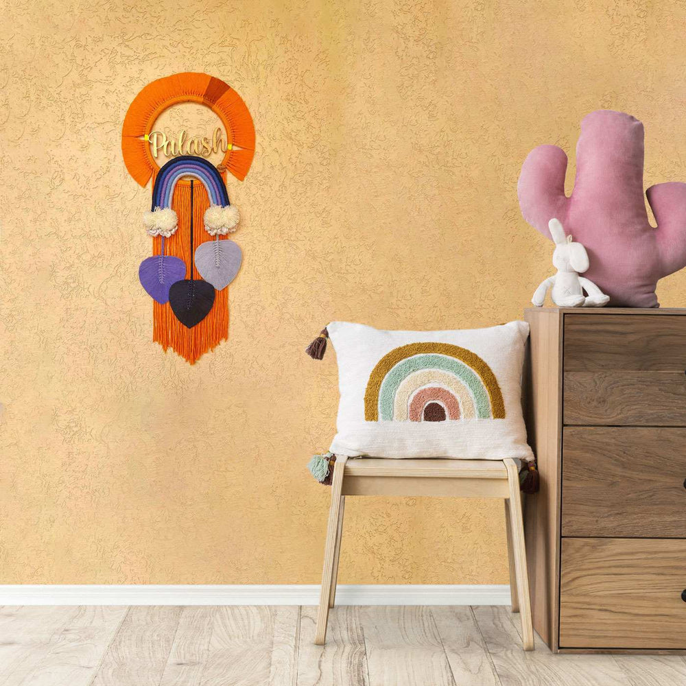 Macrame Cloud Leaf Personalized Kids Name Plate - Wall Hanging Decor in Room Setting