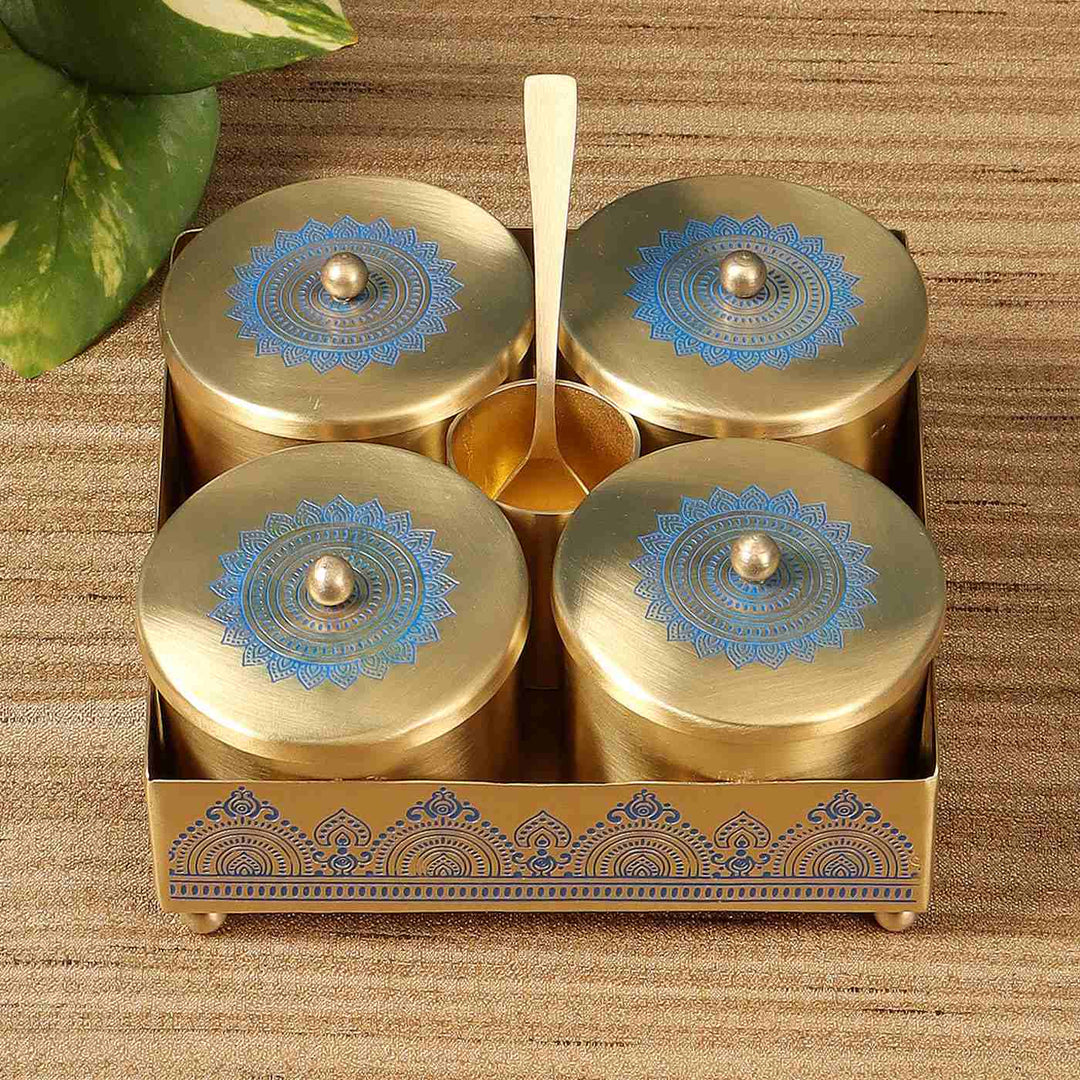 Dohar Handcrafted Brass Condiment Jars with Tray & Spoon