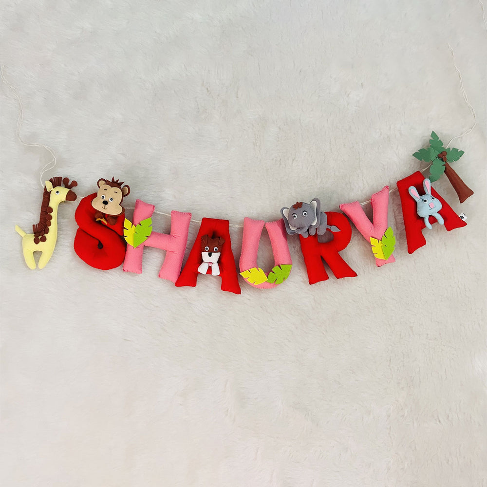 Handcrafted Personalized Jungle Theme Bunting For Kids - Hanging Name Banner Front View