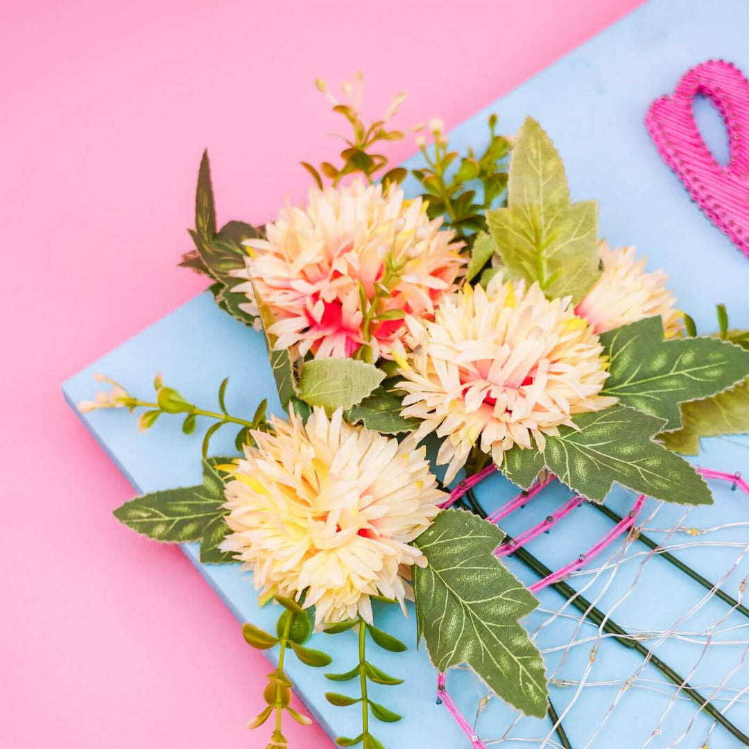 String Art Mason Jar Personalized Name Plate With Lights - Flat Lay Showing Flower Arrangement