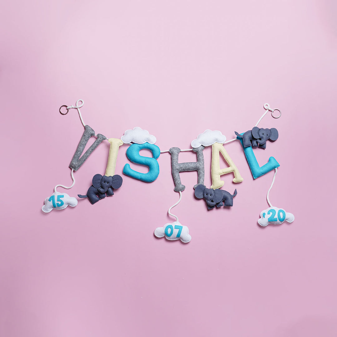 Handmade Personalized Felt Elephant Cloud Themed Kids Bunting 42 - Name Personalization Example Hanging Display