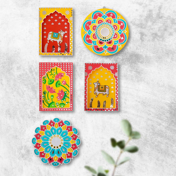 Handcrafted Pink & Yellow Frame - Lotus Traditional Lippan Art Jharokha Wall Art