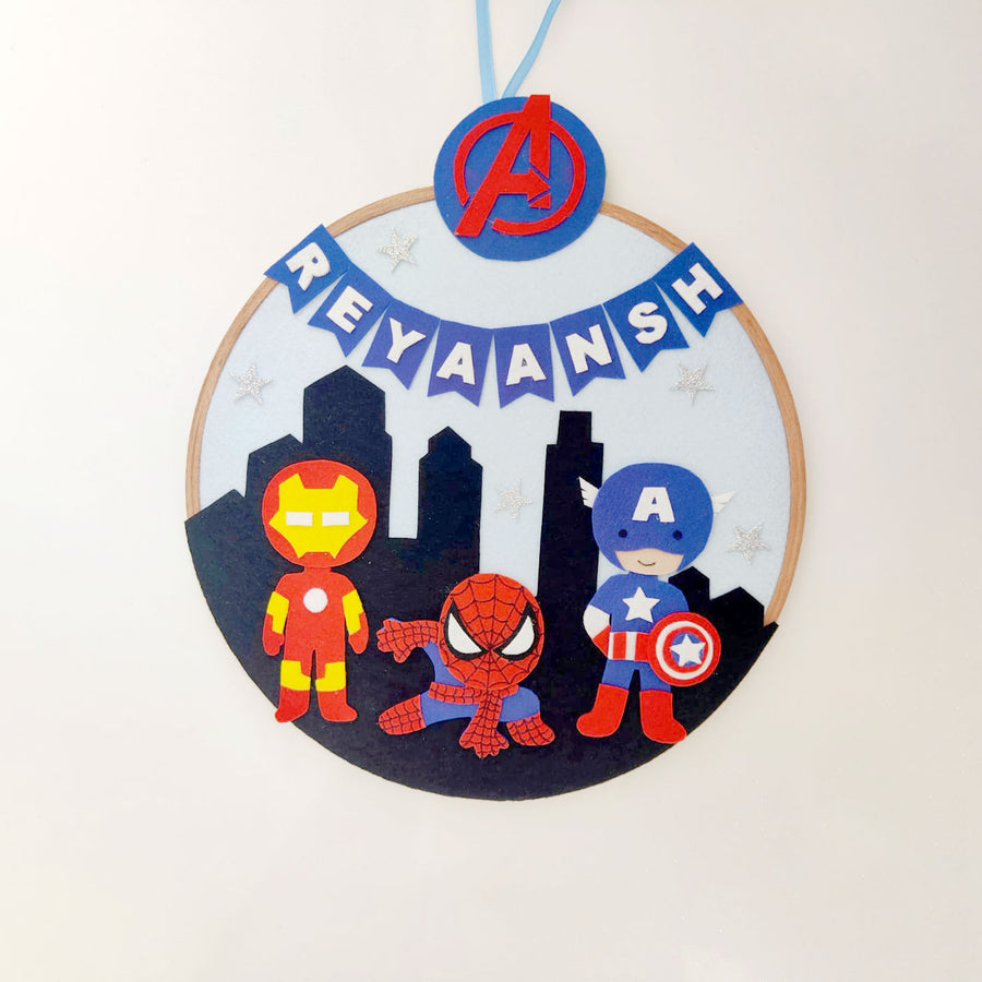 Handcrafted Personalized Superhero Hoop Nameplate - Name Personalization Example Hanging View