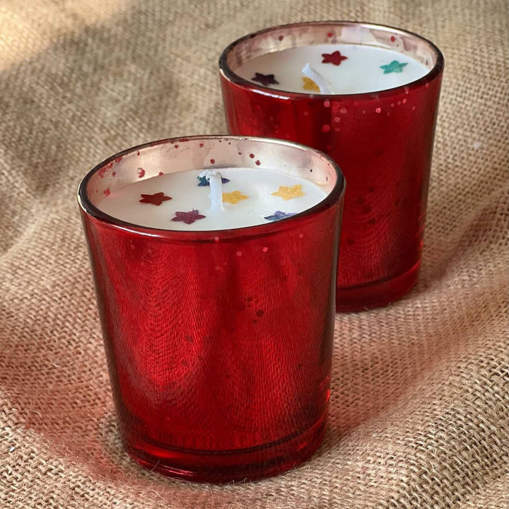 Handmade Sparkling Glass Scented Soy Wax & Pressed Flower Candles For Christmas Decoration | Set Of 2
