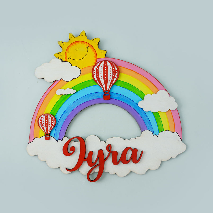 Rainbow And Hot Air Balloon Name Plate For Kids - Front View with Name Personalization
