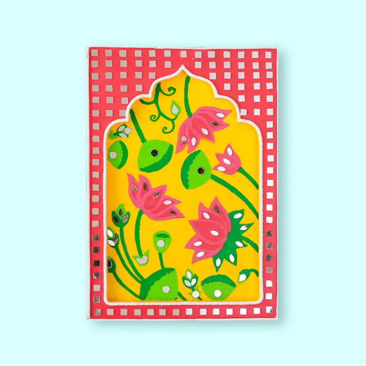 Handcrafted Pink & Yellow Frame - Lotus Traditional Lippan Art Jharokha Wall Art