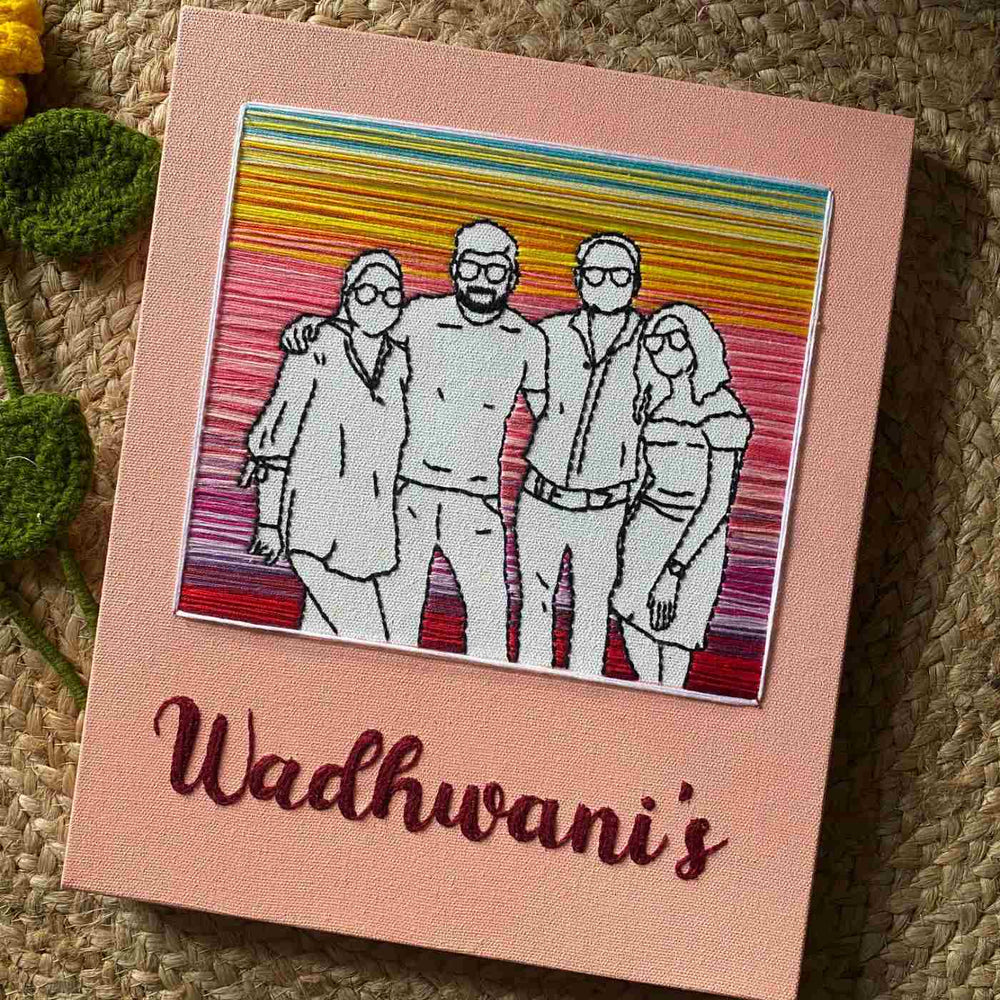 Hand Embroidered Canvas Sunset Hues Portrait Name Plate - Framed Personalized Embroidery Front View