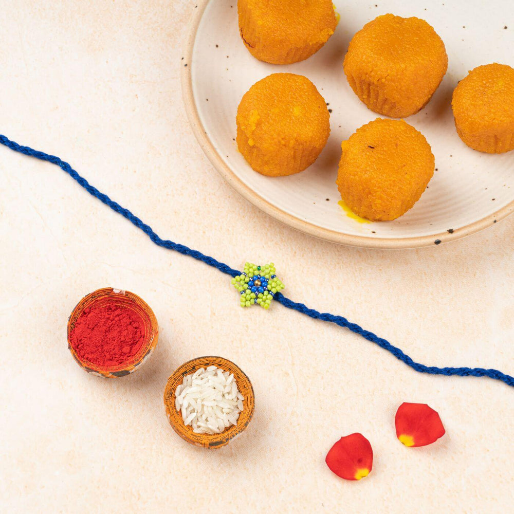 Handcrafted Glass Beads Phool Rakhi 7 - Styled with traditional sweets and colors