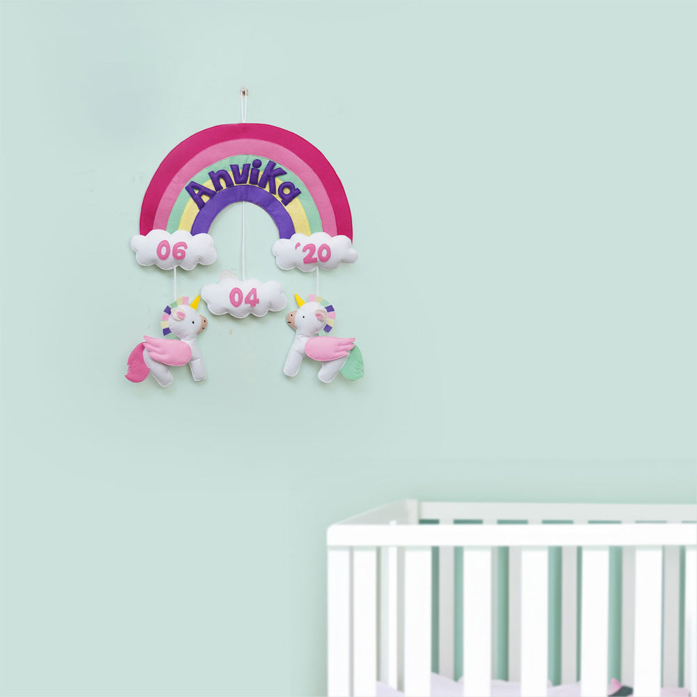 Handmade Personalized Felt Unicorn Themed Kids Name Plate 32 - Hanging on Wall Above Crib
