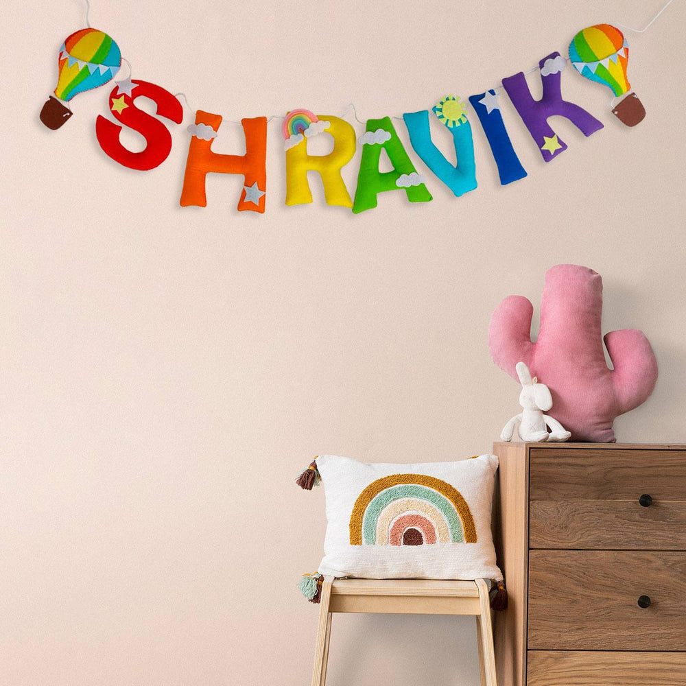 Handcrafted Personalized Rainbow Balloon Theme Felt Bunting - Personalized Name Garland Hanging Display