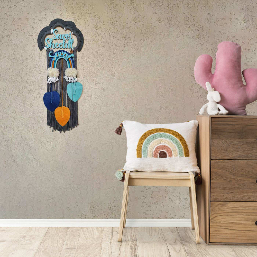 Macrame Cloud Personalized Kids Name Plate 2 - Mounted on Wall with Decor Context