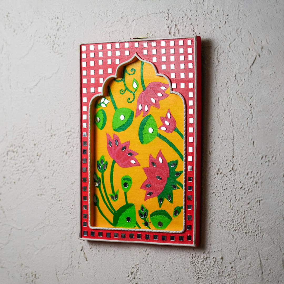 Handcrafted Pink & Yellow Frame - Lotus Traditional Lippan Art Jharokha Wall Art
