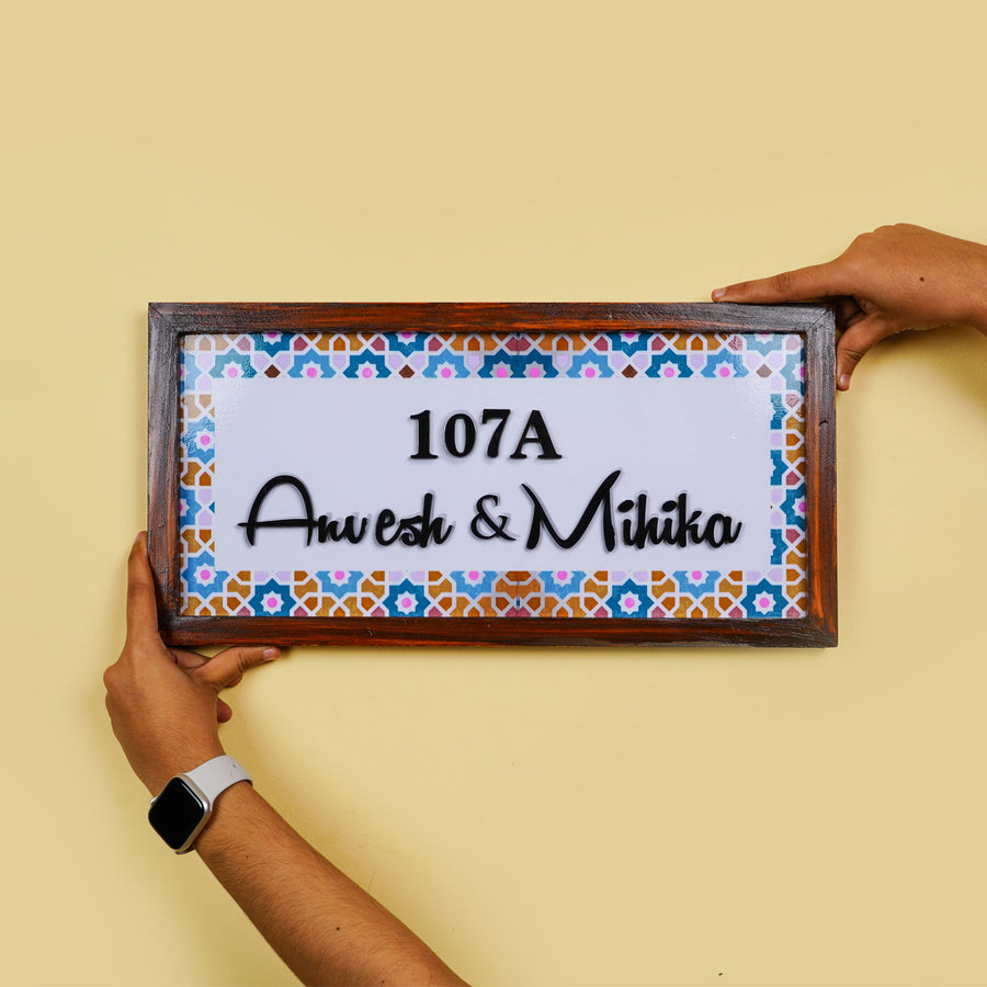 Personalized Mosaic Printed Name Plate With 3D Letters - Front View Held by Hands