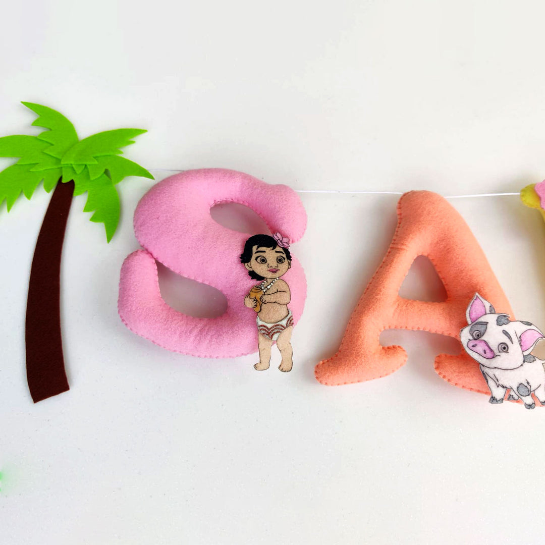 Handcrafted Personalized Moana Theme Felt Bunting - Close-up of Hanging Letter Garland