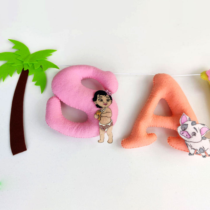 Handcrafted Personalized Moana Theme Felt Bunting - Close-up of Hanging Letter Garland