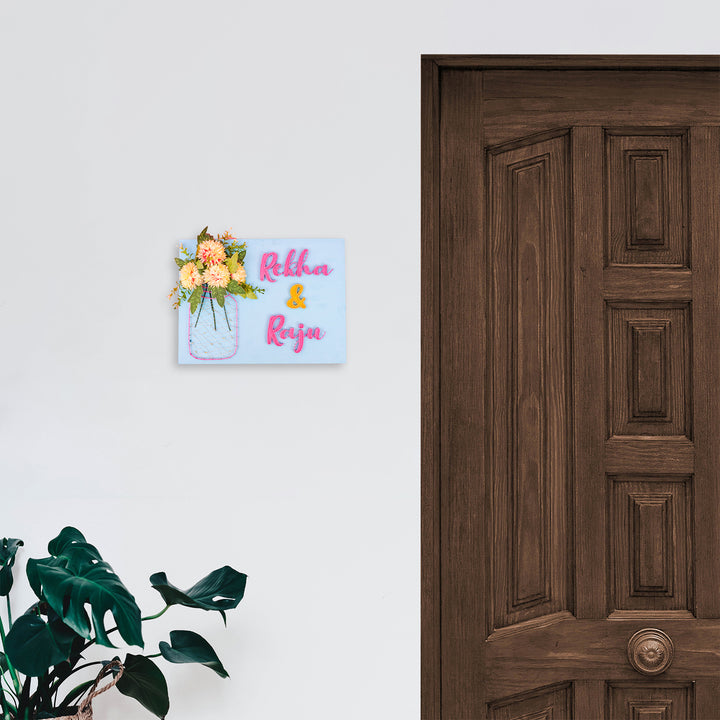 String Art Mason Jar Personalized Name Plate With Lights - Mounted on Entryway Wall