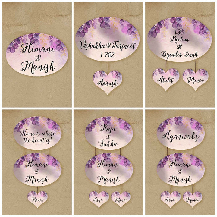 Printed Purple Spring Floral Wooden Oval Nameplate - Multiple Hanging Sign Examples