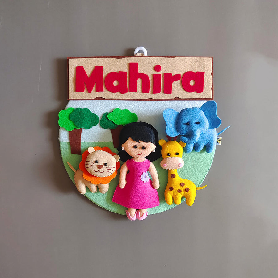 Hand Stitched Animal Themed Felt Kids Name Plate 1 - Front View Hanging with Personalized Name