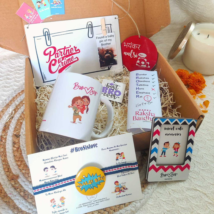 Photo Personalized Bhayankar Aalsi Rakhi Hamper For Brother Includes 1 Plaque 1 Chocolate 1 Keychain 1 Car Hanging 1 Fridge Magnet And 1 Mug - Gift Set Display