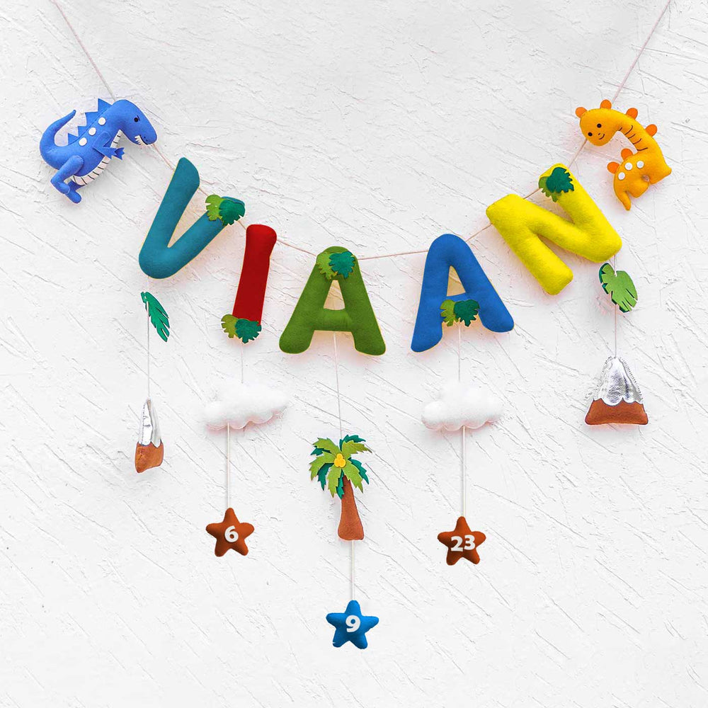 Handcrafted Personalized Themed Bunting For Kids Dinoland - Front View Hanging Wall Decoration