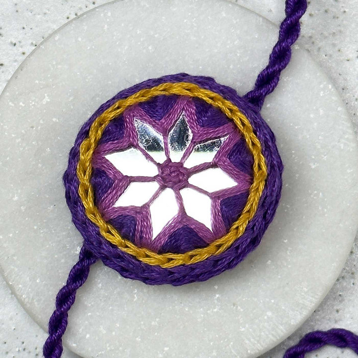 Customized Handmade Mirror Work Cotton Rakhi With Roli Chawal - Close-up Front View (7)