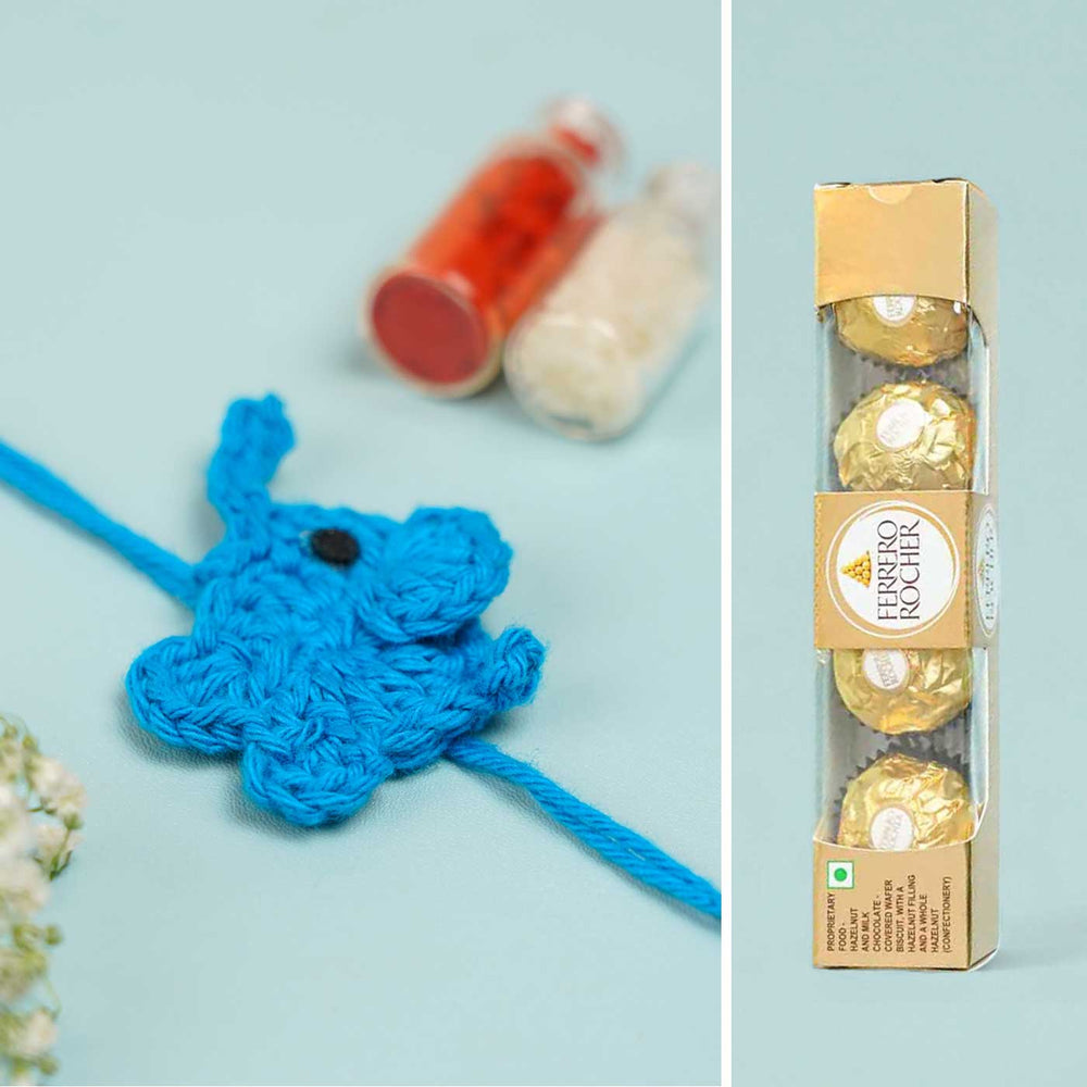 Customized Handmade Crochet Elephant Theme Rakhi With Roli Chawal - Blue Rakhi with Packaging