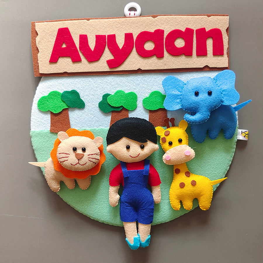 Hand Stitched Animal Themed Felt Kids Name Hanging - Front View with Name Personalization