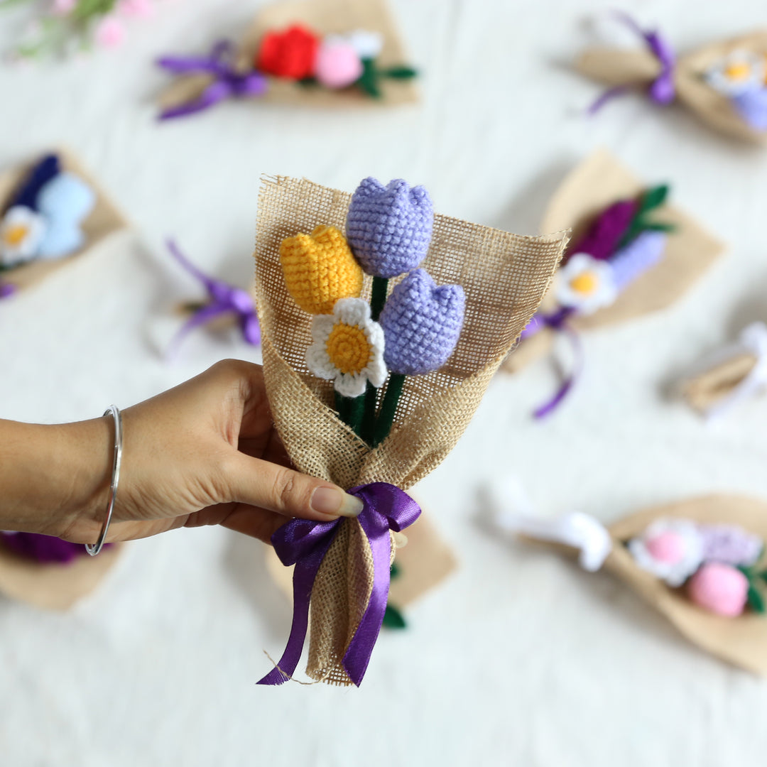 Handmade Crochet Flower Bouquet With Purple Bow