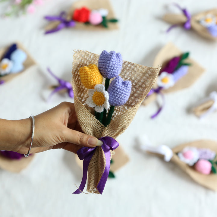 Handmade Crochet Flower Bouquet With Purple Bow