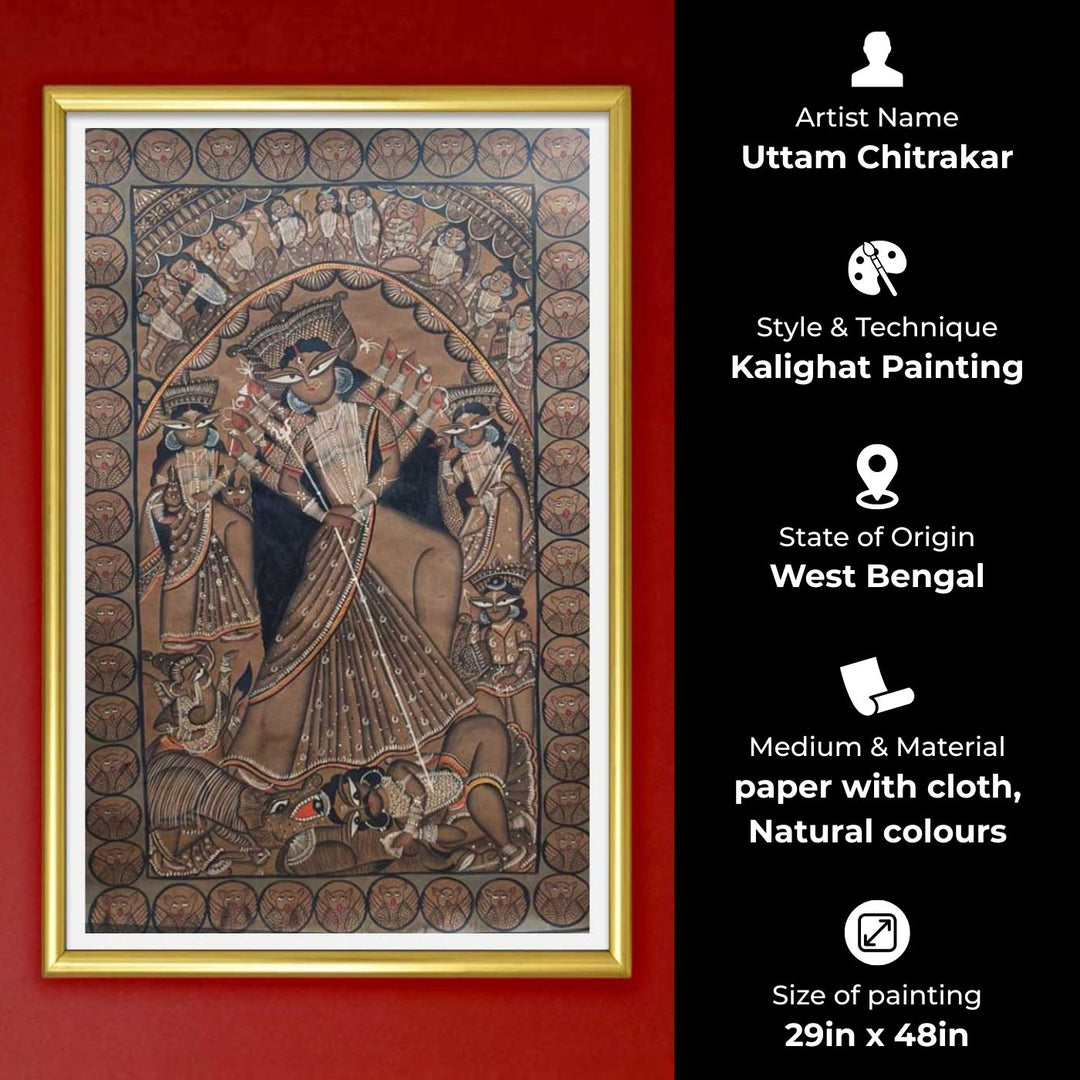 29 x 48 Inch | Maa Durga With Ten Arms | Original Hand Painted Kalighat Painting | Natural Pigment On Paper
