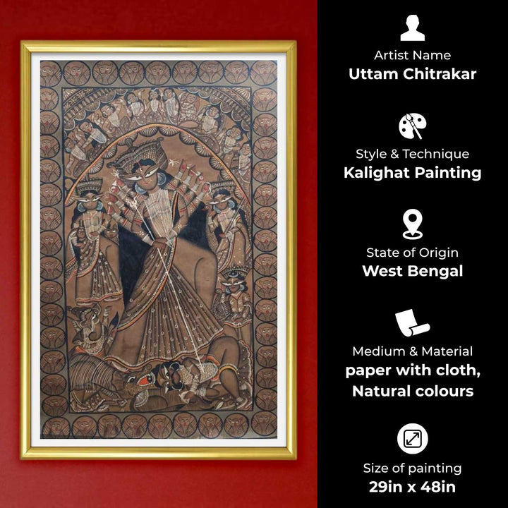 29 x 48 Inch | Maa Durga With Ten Arms | Original Hand Painted Kalighat Painting | Natural Pigment On Paper