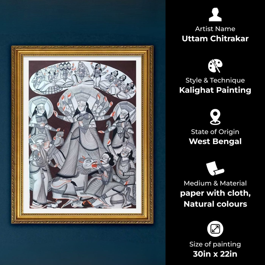 30 x 22 Inch | Durga Puja Themed | Original Hand Painted Kalighat Painting | Natural Pigment On Paper