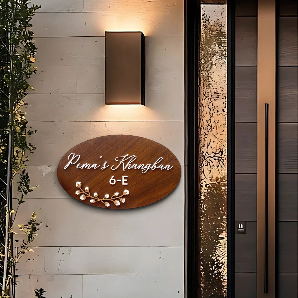Personalised Wooden Oval Floral Name Plate 1 - Mounted on Outdoor Wall with Lighting