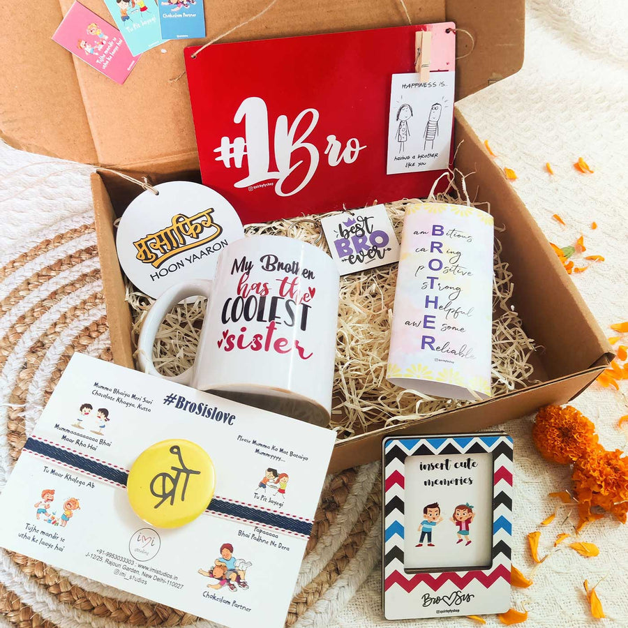 Photo Personalized Number 1 Bro Rakhi Hamper For Brother Includes 1 Plaque 1 Rakhi 1 Chocolate 1 Keychain 1 Car Hanging 1 Fridge Magnet And 1 Mug - Gift Set Overview