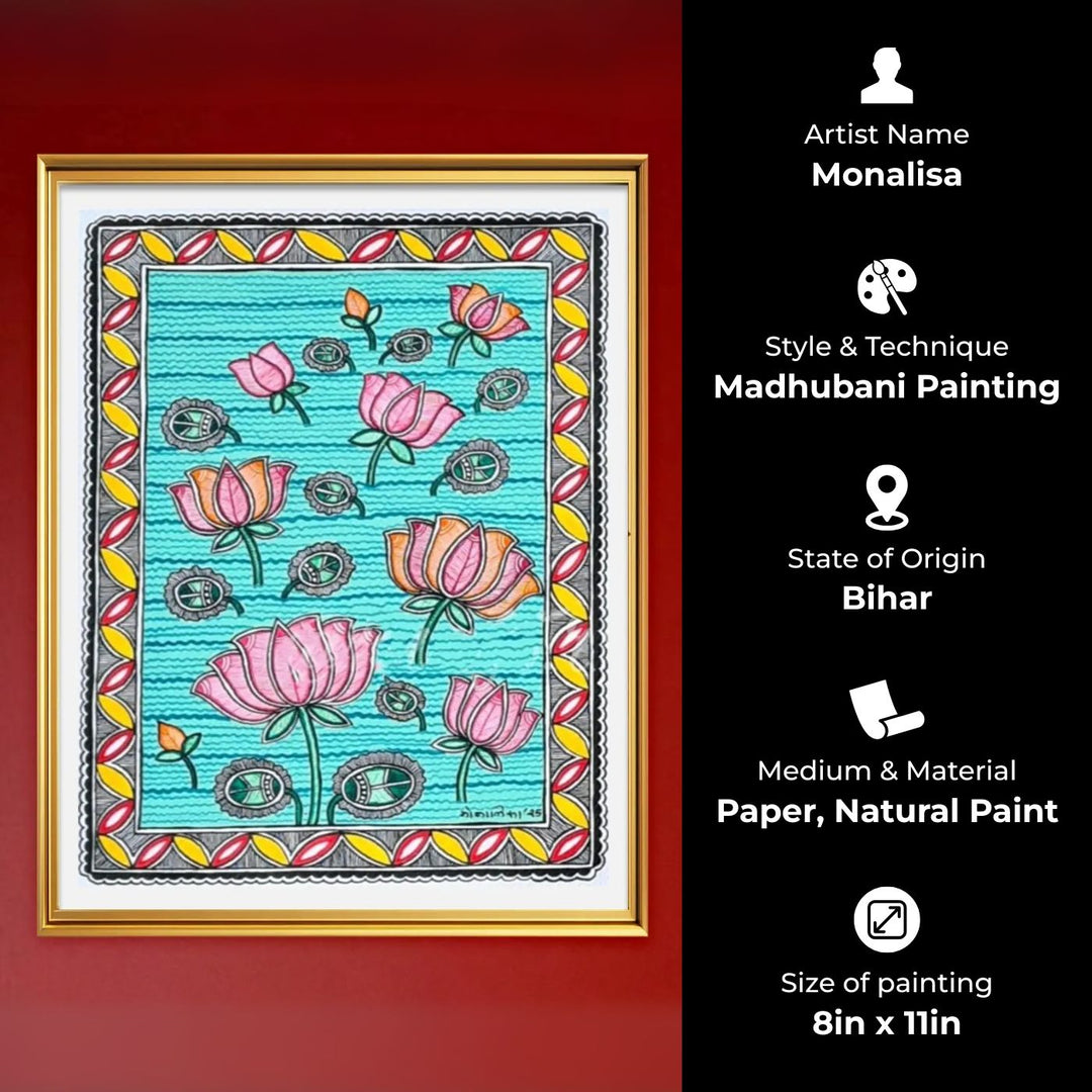 8 x 11 Inch | Petals & Ripples | Original Hand Painted Madhubani Painting On Paper