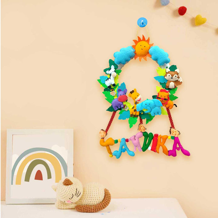Personalized Round Animal Theme Felt Kids Name Plate - Hanging on Wall with Decor