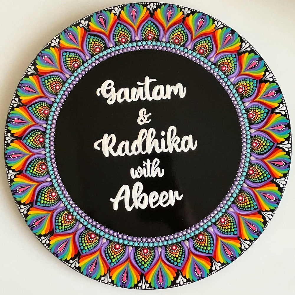 Personalized Handmade Circular Rainbow Dot Mandala Mdf Wood Name Plate - Name Personalization Example Front View