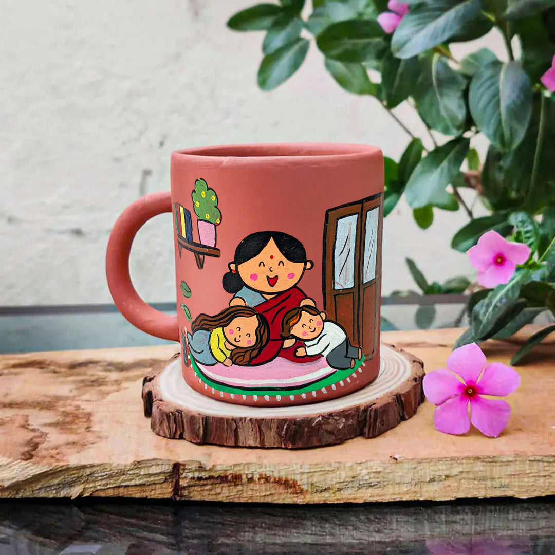 Handpainted Terracotta Mug With Grandma And Kids Avatar Illustration
