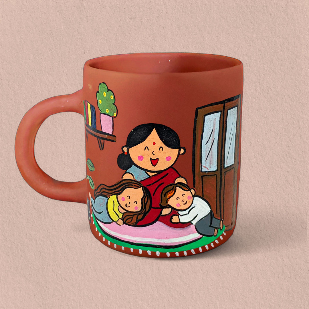 Handpainted Terracotta Mug With Grandma And Kids Avatar Illustration