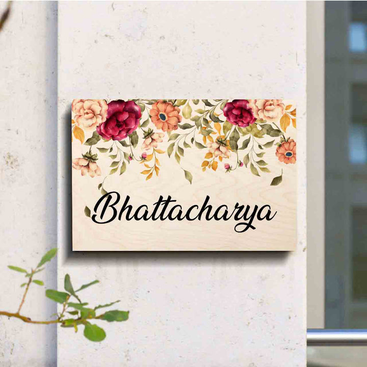 Printed Floret Wooden Rectangle Nameplate - Mounted on exterior wall close-up